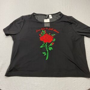 H&M Black Tee with Red Rose Embroidery